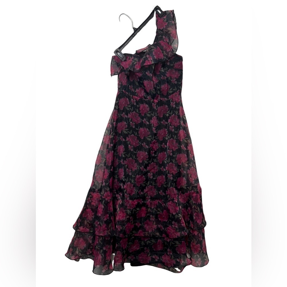 Lulu’s Sweet Romantic Black Floral Print Organza One-Shoulder Dress Size L - Picture 9 of 9
